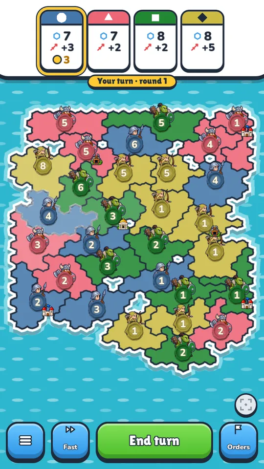A hex map with eight realms, one land selected