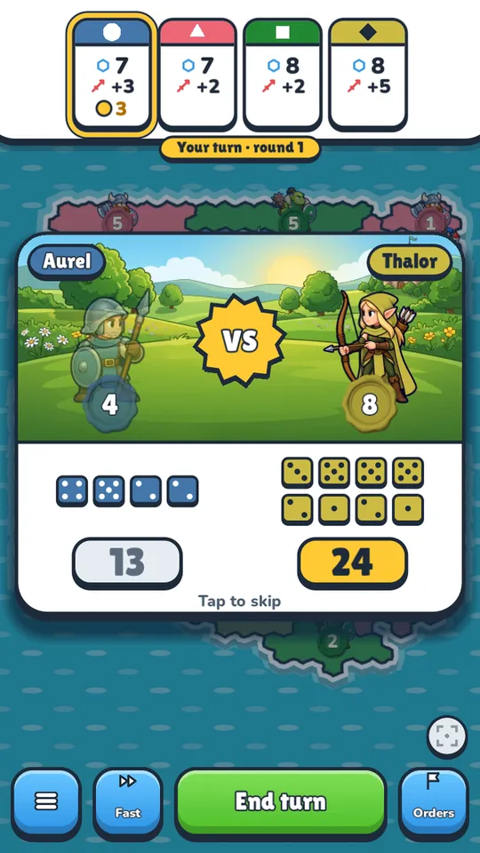 A dice duel between a human spearman and an elf archer